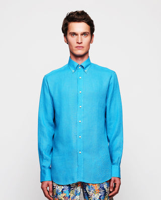 Camisa casual de lino azul royal by MIRTO