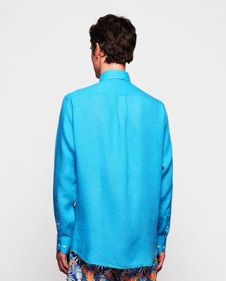 Camisa casual de lino azul royal by MIRTO