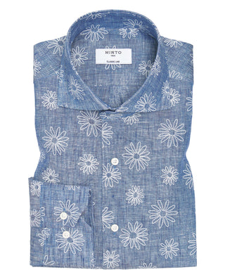 Camisa casual de lino estampado floral azul by MIR