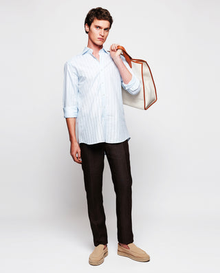 Camisa casual calada lino y algodón azul by MIRTO