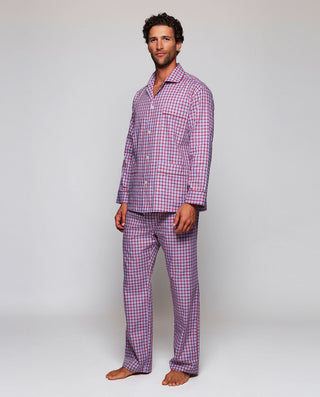 Pijama largo mezcla de algodón cuadro azul y granate