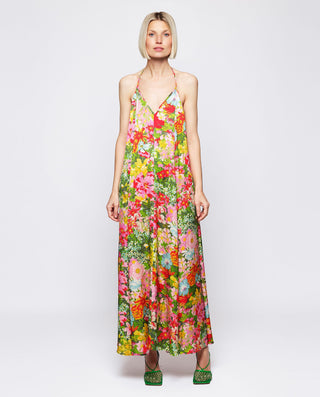 Vestido largo estampado floral verde y rosa by MIR