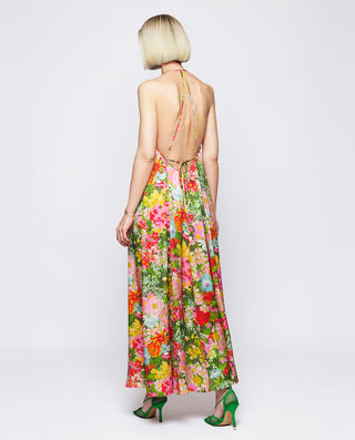 Vestido largo estampado floral verde y rosa by MIR