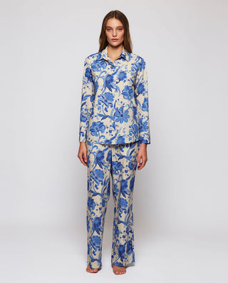 Pijama largo estampado floral azul de algodón by M