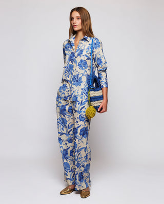 Pijama largo estampado floral azul de algodón by M