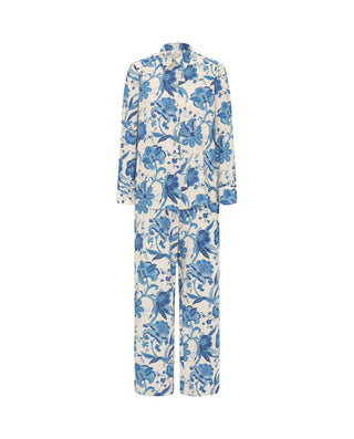 Pijama largo estampado floral azul de algodón by M