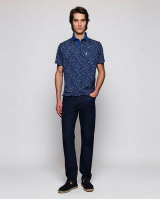 Blue tones floral print piqué polo