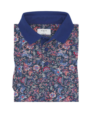 Blue & red floral print piqué polo