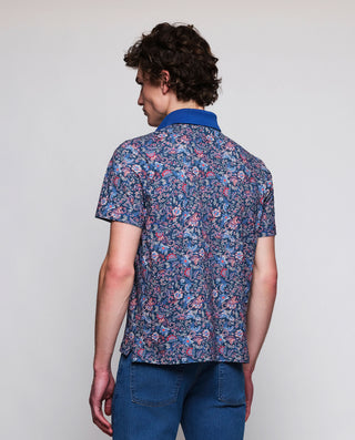 Blue & red floral print piqué polo