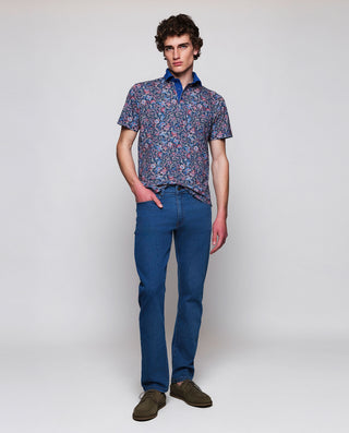 Blue & red floral print piqué polo