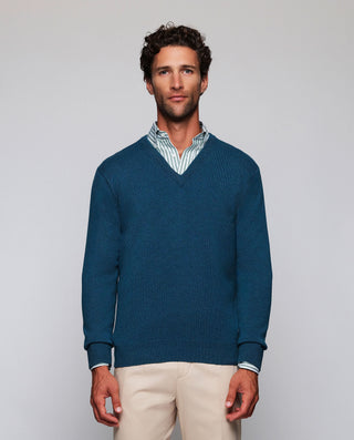 Petrol blue green Lambswool V-neck jumper