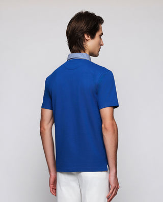 Blue piqué polo with striped shirt fabric col