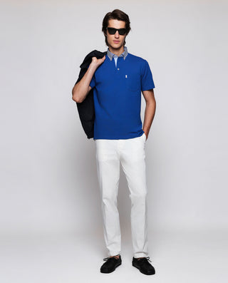 Blue piqué polo with striped shirt fabric col