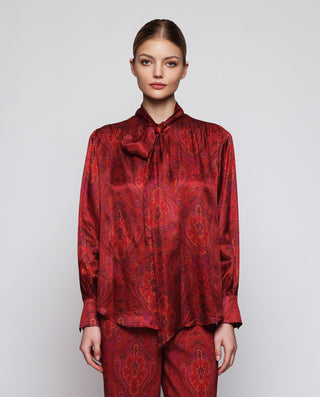 Red paisley print silk blend blouse