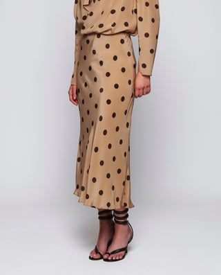 Beige brown dot print midi skirt