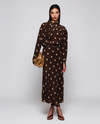 Brown beige dot print midi skirt