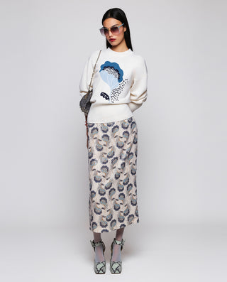 Blue sequin floral print midi skirt
