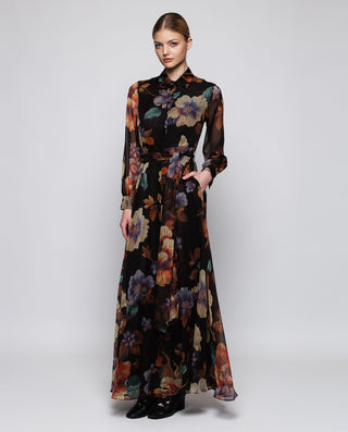 Vestido largo negro de gasa estampado floral by MI | 04370_0050_1
