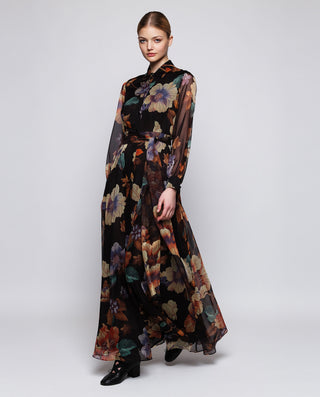 Vestido largo negro de gasa estampado floral by MI | 04370_0050_3