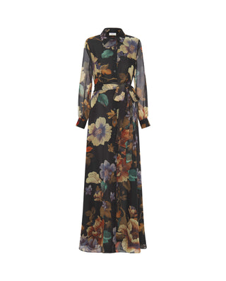 Vestido largo negro de gasa estampado floral by MI | 04370_0050_4