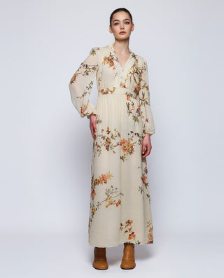 Vestido largo beige estampado floral de gasa by MI | 04374_0050_1