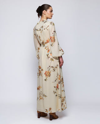 Vestido largo beige estampado floral de gasa by MI | 04374_0050_2