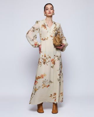 Vestido largo beige estampado floral de gasa by MI | 04374_0050_3