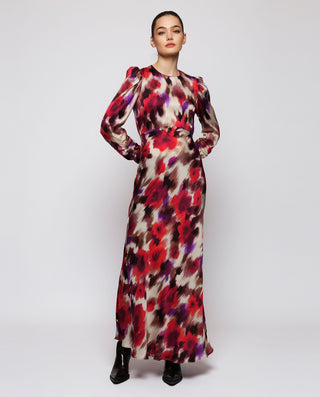 Vestido largo rojo y morado estampado ikat by MIRT | 04377_0050_1