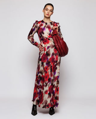 Vestido largo rojo y morado estampado ikat by MIRT | 04377_0050_3