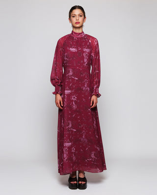 Burgundy dress toile de jouy print in chiffon
