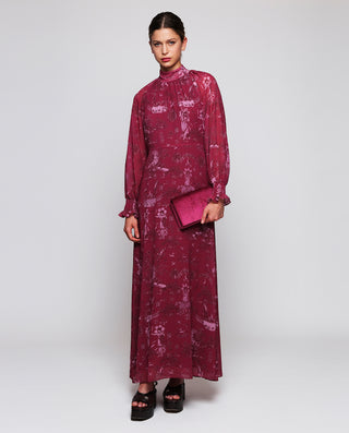 Burgundy dress toile de jouy print in chiffon