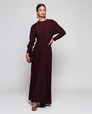 Burgundy pleated chiffon dress