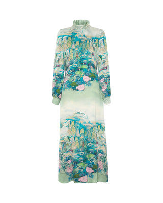 Vestido verde y azul estampado pictórico