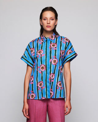 Camisa manga corta estampado floral con rayas