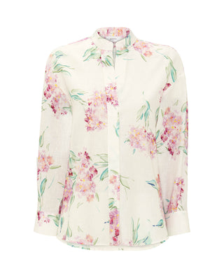 White floral print linen & cotton shirt