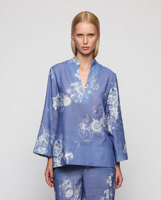 Top azul estampado floral algodón lino by MIRTO | 04582_0051_1