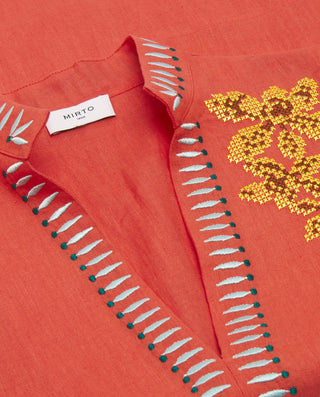 Orange embroidered linen top