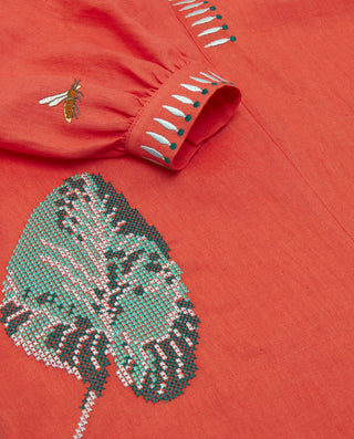 Orange embroidered linen top