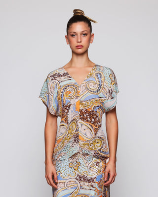 Blue & orange paisley print top