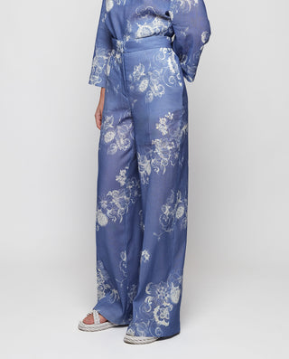 Pantalón azul estampado floral algodón lino by MIR | 04602_0051_1