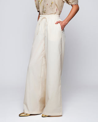 Beige elastic waistband cotton trousers