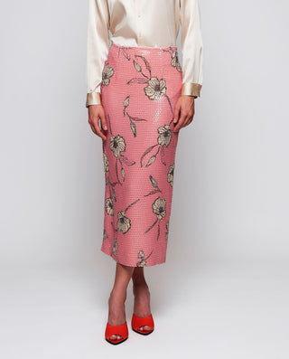 Falda midi rosa  lentejuelas estampado floral by M | 04651_0050_1
