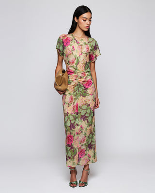 Vestido rosa drapeado de gasa estampado flora by M | 04748_0050_3