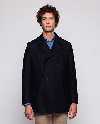 Navy blue double breasted pea coat herringbone structure