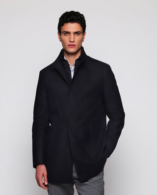 Navy blue three-quarter length coat detachable bib