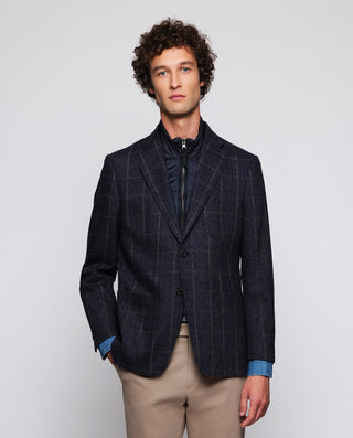 Navy blue wool blend windowpane check jacket