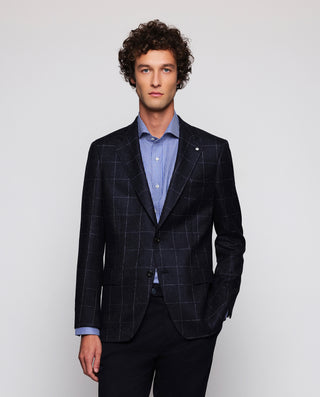Navy blue wool windowpane check jacket
