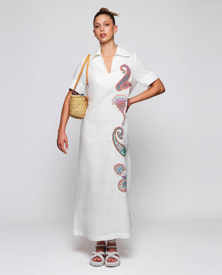 Vestido blanco bordado paisley de lino by MIRTO | 05200_0050_3