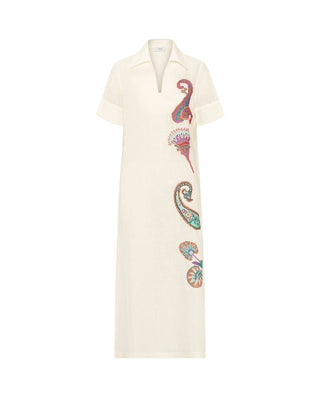 Vestido blanco bordado paisley de lino by MIRTO | 05200_0050_4