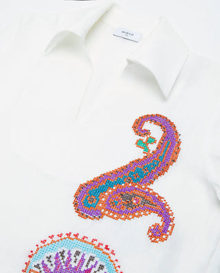 Vestido blanco bordado paisley de lino